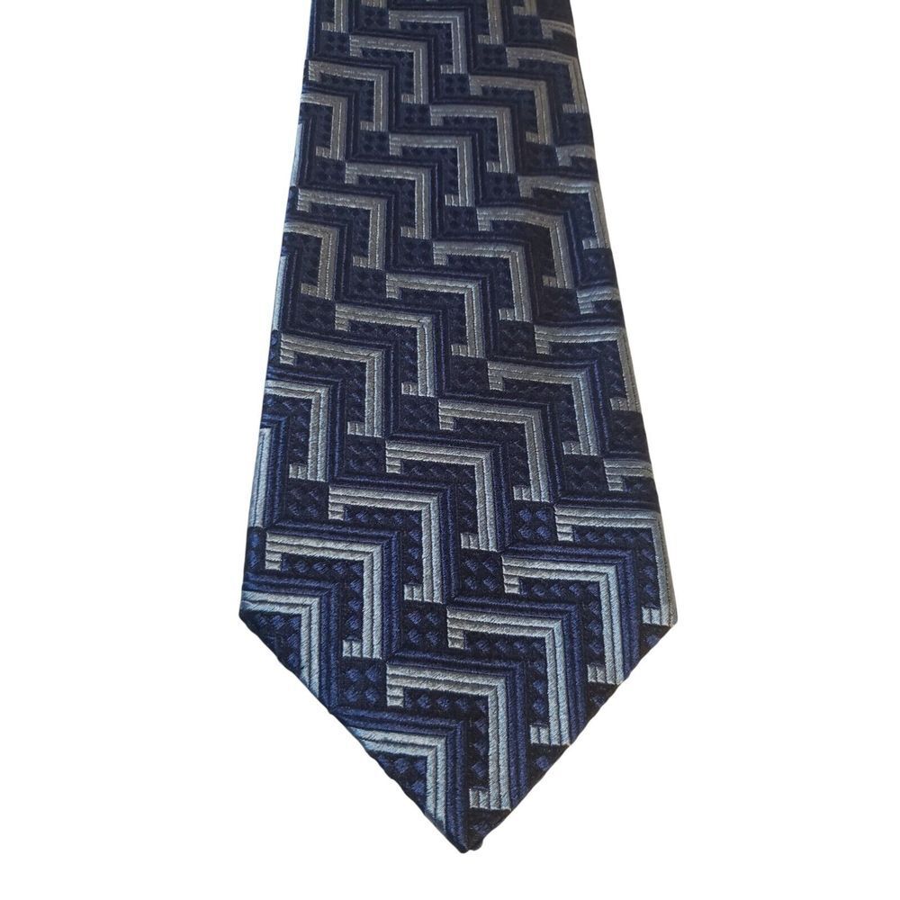 Ermenegildo Zegna Mens Tie Necktie Designer Luxury Navy Blue Geometric Power